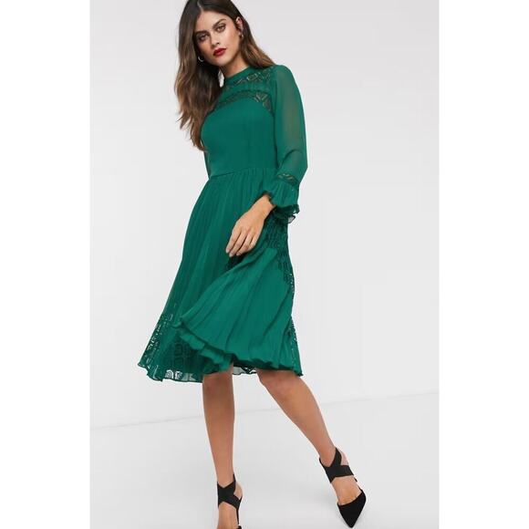 ASOS DESIGN Lace Insert Pleated Midi Skater Dress in Green - Picture 1 of 11